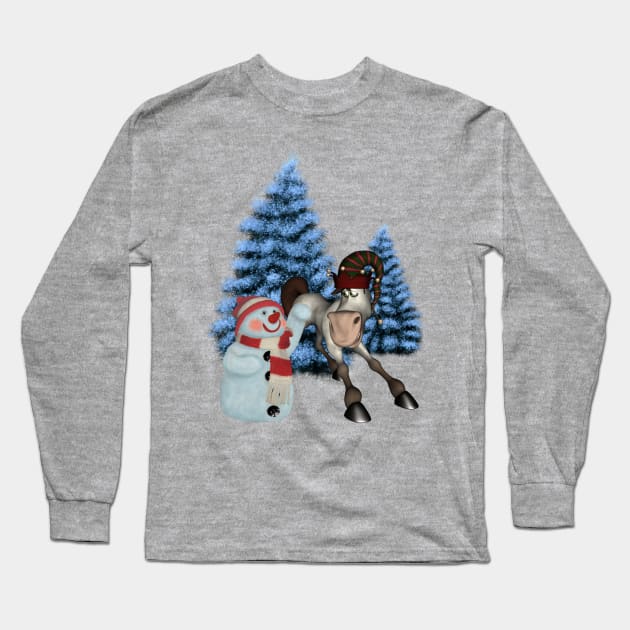 Christmas, funny cartoon horse with snowman Long Sleeve T-Shirt by Nicky2342